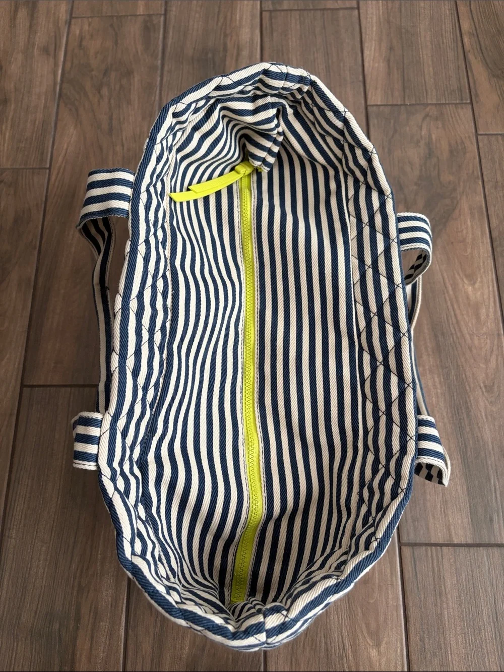 Madden Girl Navy and White Quilted Striped Tote with Bright Yellow Green Accent